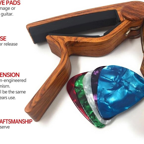 Guitar Capo for Acoustic and Electric Guitars - Rosewood Color with 5 Picks - Picture 3 of 8